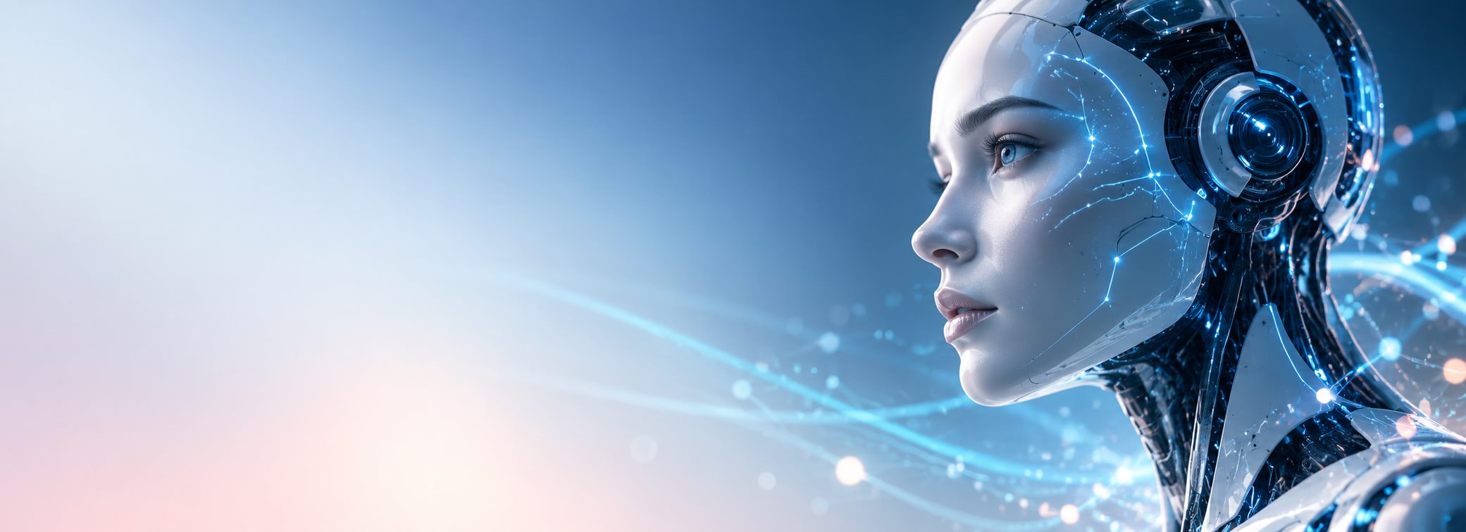 Humanoid robot with illuminated blue circuitry